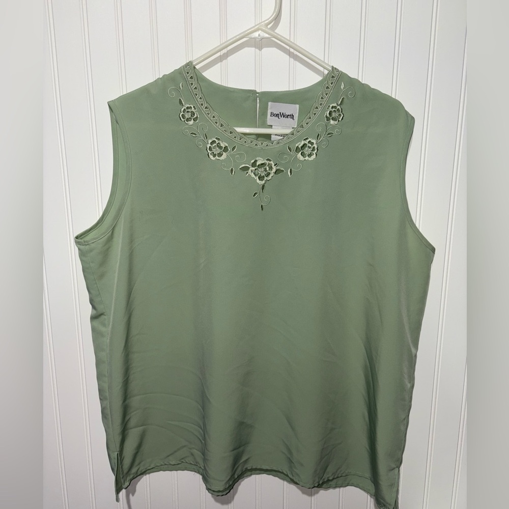 BonWorth Embroidered Green Sleeveless Top|Size Large